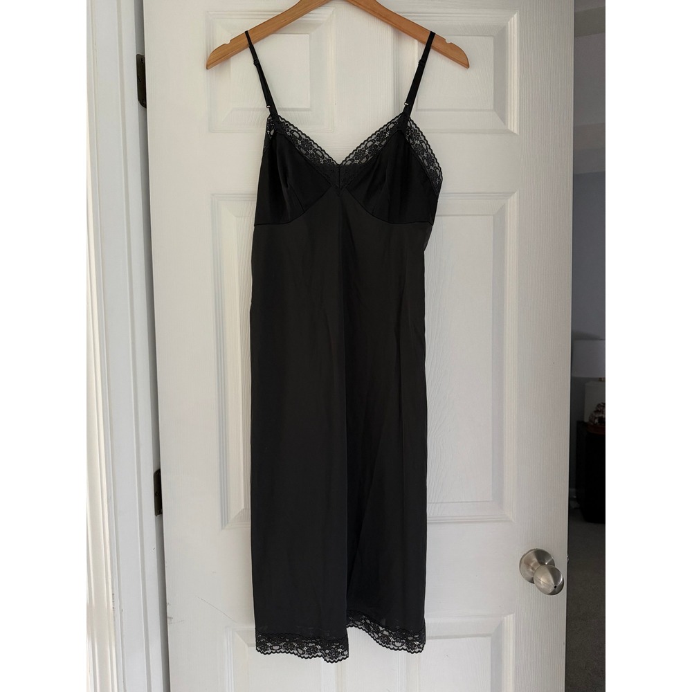VTG Black Full Slip Dress Lace Detail 90s Grunge Whimsigoth Dark Romantic